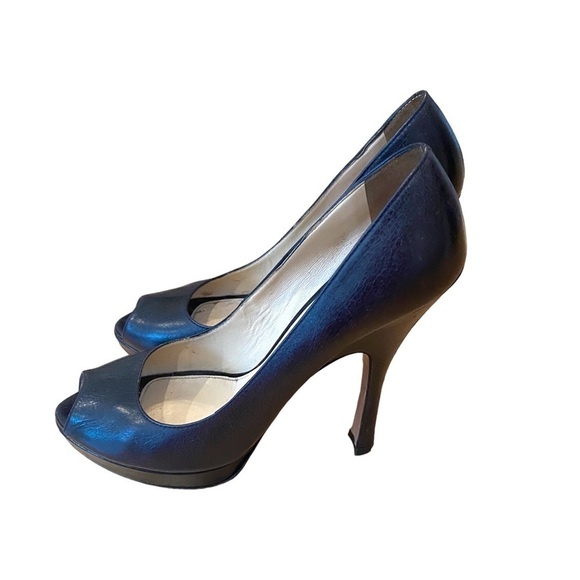 Authentic PRADA Leather Navy Blue Peep Toe Heels Pumps - Size 38.5 / Size 8.5 - Picture 2 of 6